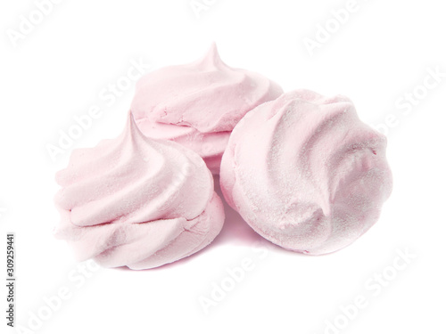 Three pink marshmallows isolated on white background.