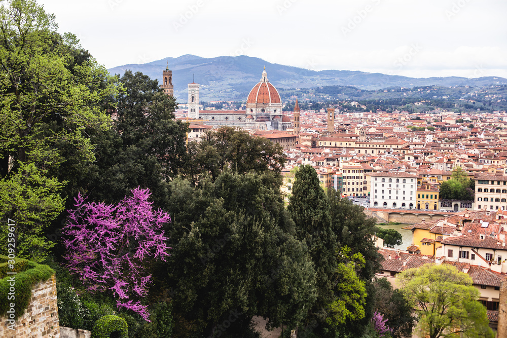 Fototapeta premium View of Boboli Gardens in Florence, Italy, with sculptures, blooming trees and flowers