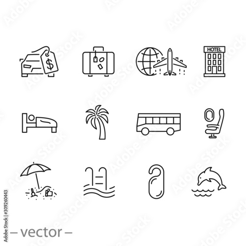 Summer travel and relax icon set, traveling and transport signs, tourism and vacation, thin line web symbols on white background - editable stroke vector illustration eps10