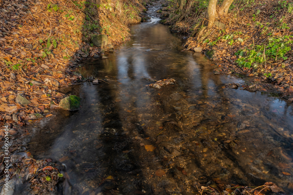 Hucivy creek in Perstejn village in winter morning Hucivy creek in Perstejn village in winter morning