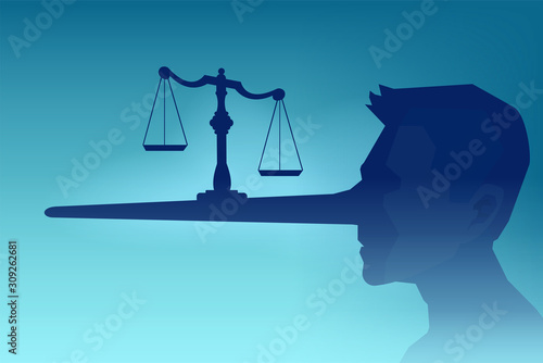 Vector of a man head silhouette and a law scale being balanced on a long nose of a judge