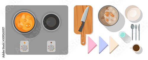 Kitchen utensils and cooking stew vector illustration