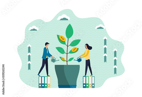 Business growth concept. Young businessmen, a man and a woman are watering a flower with gold coins. Business development, startup, competent promotion. Flat vector illustration isolated on white back