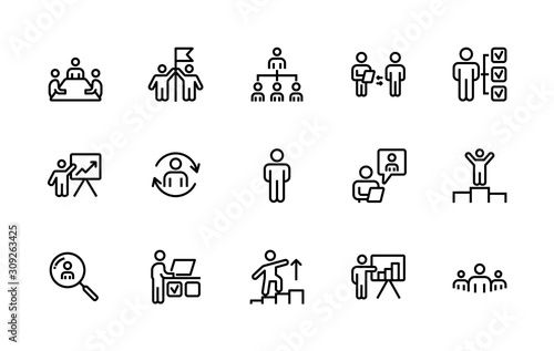 A simple set of Business people related vector linear icons. Contains icons such as:  Leadership, People, Line, Team, Group, Lead, Manager, Partnership, and more. 48x48 Pixel Perfect. Editable Stroke.