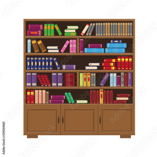 Brown wooden big bookcase with colorfull books. Vector illustration for library, education or bookstore concept.