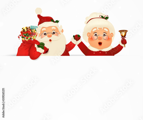 Mrs. Claus Together. Vector cartoon character of Happy Santa Claus and his wife with signboard, advertisement banner. Cute Santa Claus and Mrs. Claus with white copy space, falling snow.
