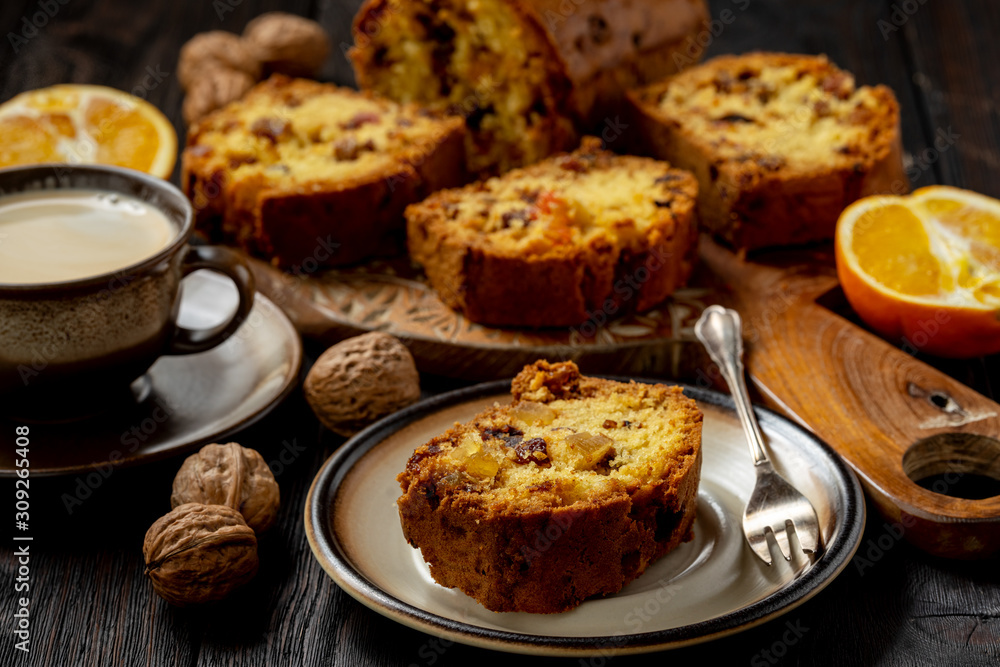 Homemade dry fruit cake and cup of coffee. Homemade dry fruit cake and cup of coffee.
