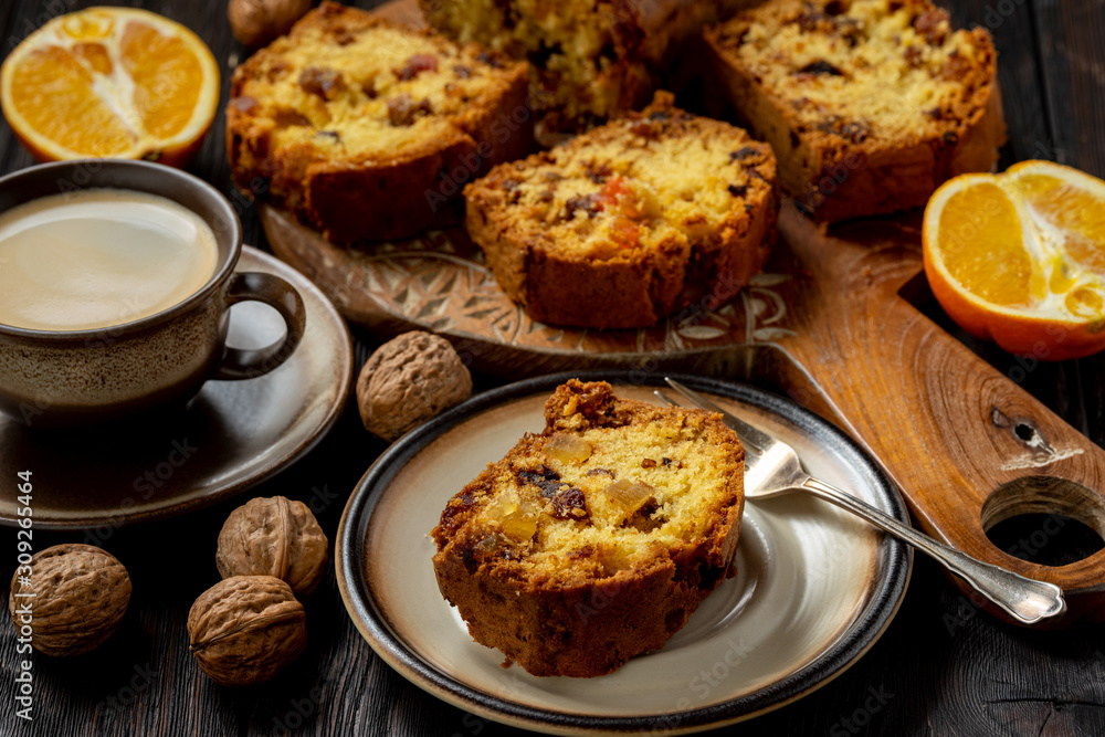 Homemade dry fruit cake and cup of coffee. 