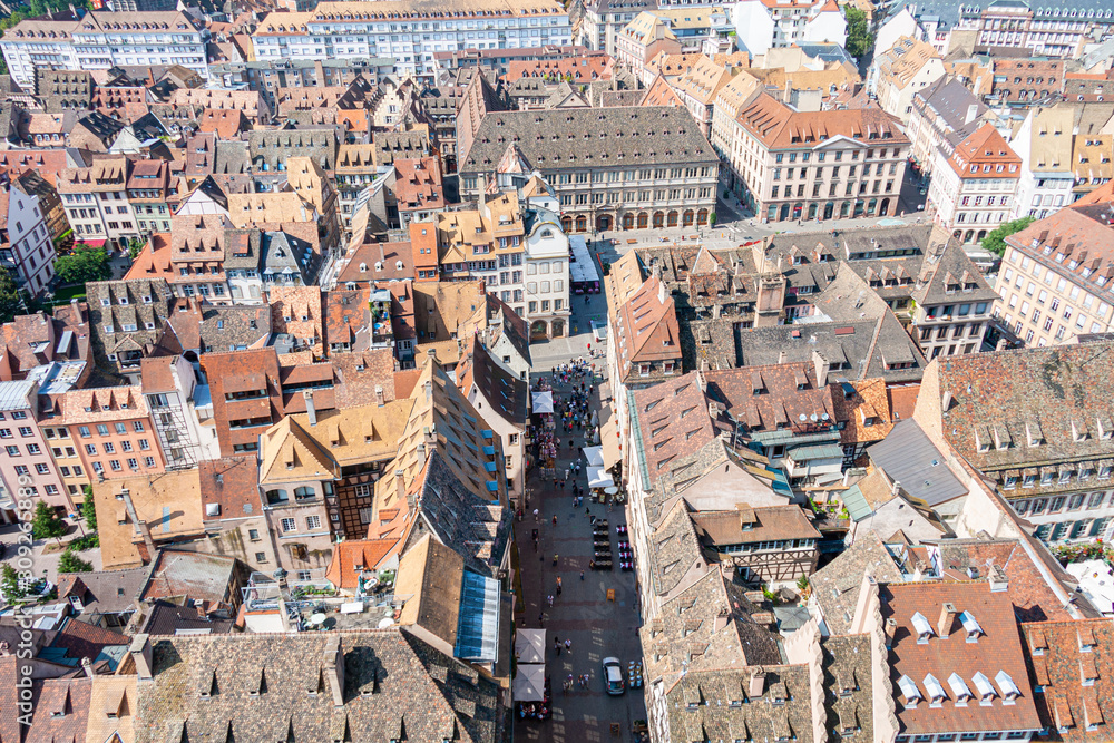 Aerial cityscape view on the old town with beautiful rooftops in Strasbourg city, France