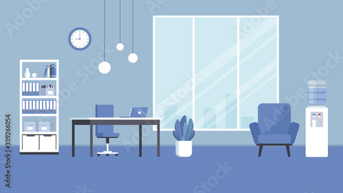 Blue office room. Workplace. Background. 