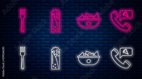 Set line Doner kebab, Nachos in plate, Fork and Food ordering pizza. Glowing neon icon on brick wall. Vector