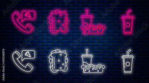 Set line Sandwich, Paper glass with drinking straw and hotdog, Food ordering pizza and Paper glass with drinking straw and water. Glowing neon icon on brick wall. Vector