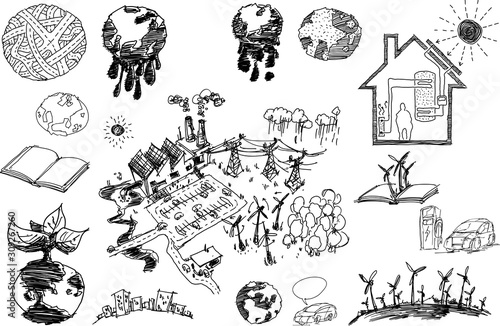 many hand drawn sketches of topics regarding nature and environment and ecology and energy and planet earth