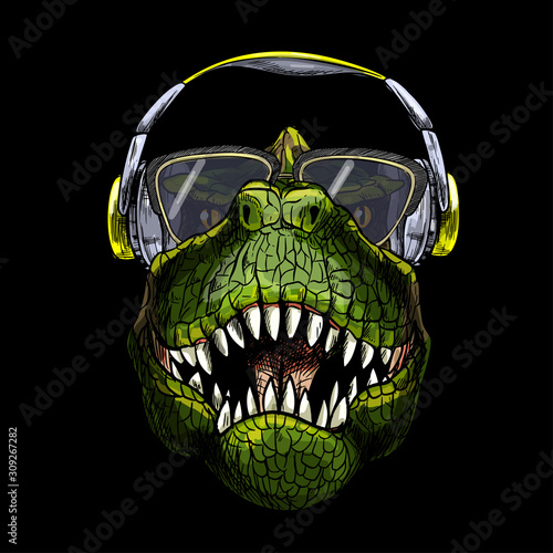 Portrait of T-Rex in sunglasses and headphones
