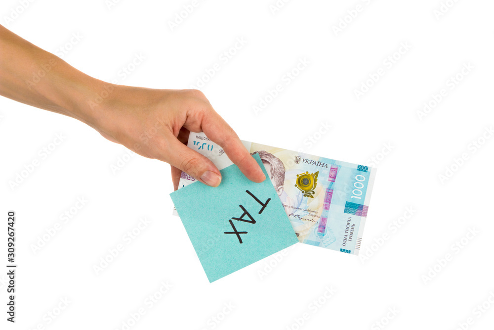 Thousand hryvnias and sticker with different financial signs and symbols in the hand Thousand hryvnias and sticker with different financial signs and symbols in the hand