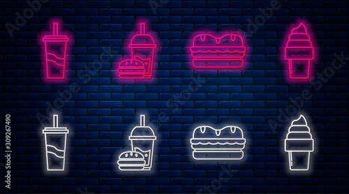 Set line Paper glass with drinking straw and burger, Sandwich, Paper glass with drinking straw and water and Ice cream in waffle cone. Glowing neon icon on brick wall. Vector