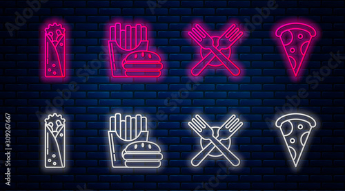 Set line Burger and french fries in carton package box, Crossed fork, Doner kebab and Slice of pizza. Glowing neon icon on brick wall. Vector