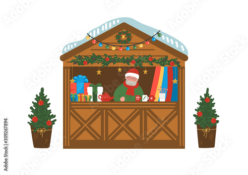 Christmas fair kiosk. Market with hot drinks and gifts.