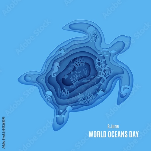 Silhouette of a turtle cut out of paper. Papercut butterflyfish, jellyfish, moonfish, sea horse, crab. Craft underwater ocean cave with fishes, coral reef, algae waves. Vector World Ocean Day concept