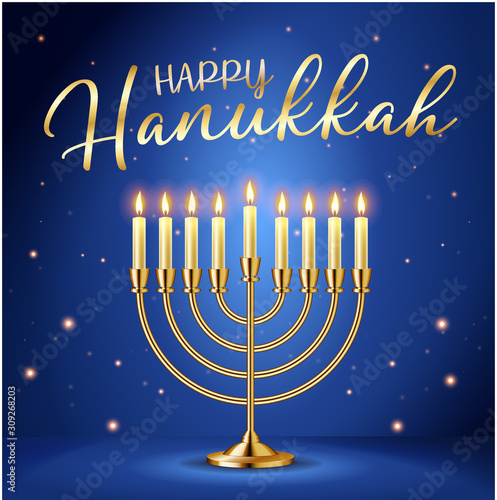 Happy Hanukkah greeting card with gold inscription and Golden realistic menorah, candlestick with burning candles