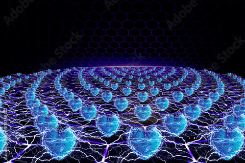 There is digital platform with light blue hearts. There is connect between these hearts like lightning. Happy Valentine's Day