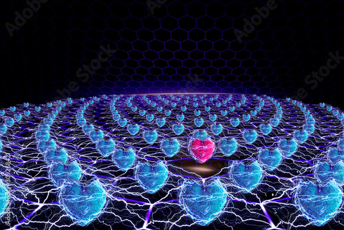 There is digital platform with light blue hearts and one pink heart. There is connect between these hearts like lightning. Happy Valentine's Day