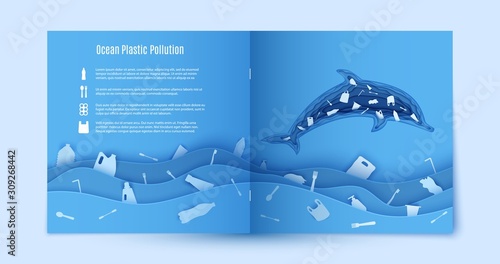 Paper carve stop ocean plastic pollution blue flyer template. Sample environmental booklet. Dolphin inside plastic waste in paper cut style. Vector craft cardboard ecological poster concept.
