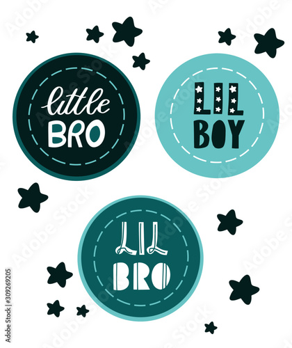 Little bro, Lil bro set lettering phrase. Newborn vector stickers slogan with stars. Hand drawn. Cut out letters. Inspirational quote for card, invitation, banner, lettering poster. Baby shower