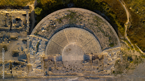 The old amphitheater or arena of the ancient era. Drone shooting from above. Top view. photo