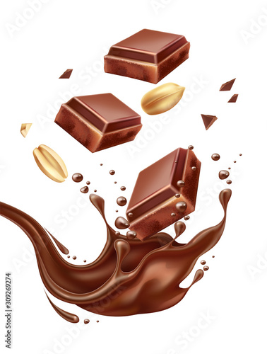 Vector realistic chocolate piece with 3d hazelnut