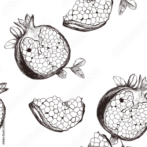 Pomegranate fruit in vector, seamless pattern. Vector image. Can be used in textiles, packaging, postcards, backgrounds, printing and decoration. photo