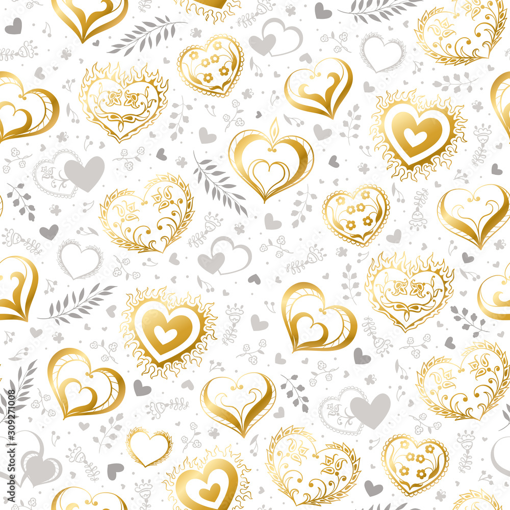 Romantic seamless pattern with cute hand drawn hearts with flowers and leaves. Pattern design for valentines day.