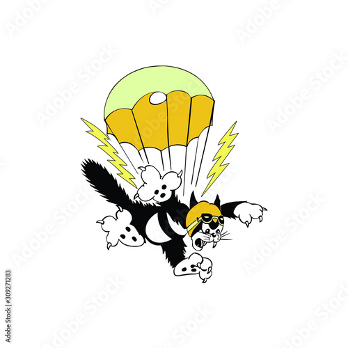 Pilot Cat Falling with parachute design - illustration