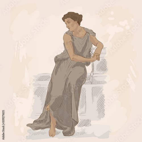 An ancient Greek woman in a tunic sitting on a stone parapet. Vector image on beige background.