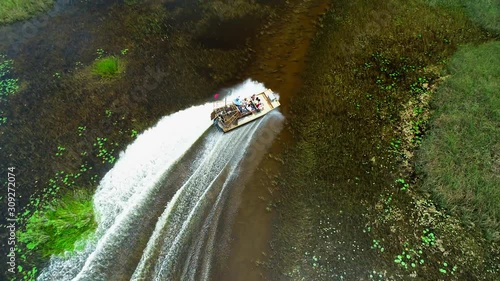 Air boat racing on a swamp river. Florida. USA.