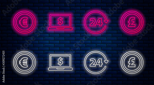 Set line Laptop with dollar symbol, Clock 24 hours, Coin money with euro symbol and Coin money with pound sterling symbol. Glowing neon icon on brick wall. Vector