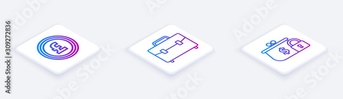 Set Isometric line Coin money with pound sterling symbol, Briefcase and Closed wallet with lock. White square button. Vector