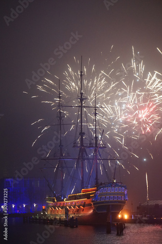 Fireworks behind ship