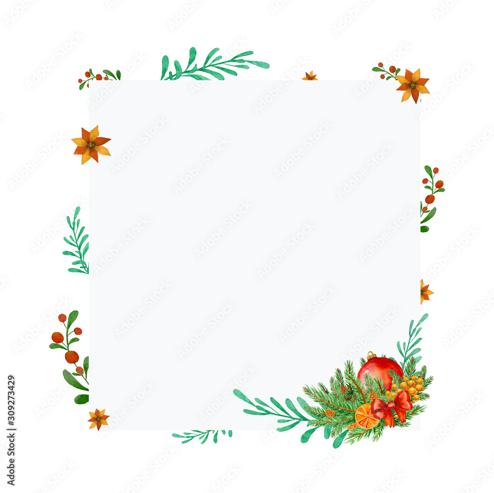 Fototapeta premium Christmas floral frame with poinsettia flowers and red ball