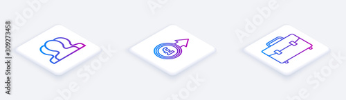 Set Isometric line Users group, Coin money with pound sterling symbol and Briefcase. White square button. Vector