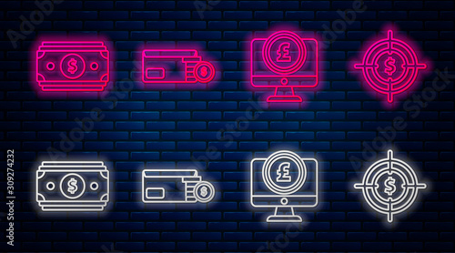 Set line Envelope with coin dollar symbol, Computer monitor with pound sterling symbol, Stacks paper money cash and Target with dollar symbol. Glowing neon icon on brick wall. Vector