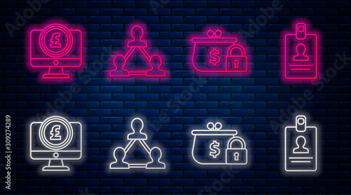 Set line Project team base, Closed wallet with lock, Computer monitor with pound sterling symbol and Identification badge. Glowing neon icon on brick wall. Vector
