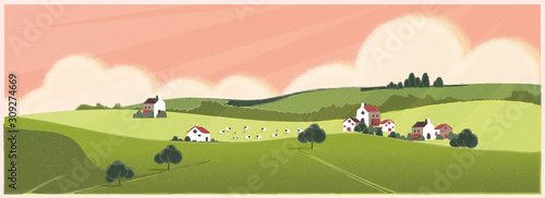 Wild panoramic rural countryside in spring or summer.Green hill with bush and tree. Concept of Europe farm agriculture with sheep in spring or summer.
