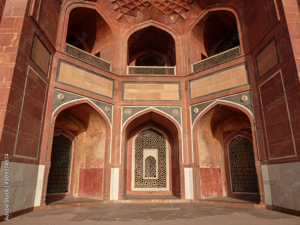 Arcades on the main facade of the Humayun's Tomb. Tomb of the Mughal Emperor Humayun in Delhi, India. Declared a UNESCO World Heritage Site in 1993