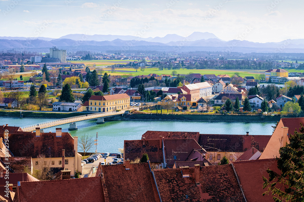 Panoramic view in Ptuj old town and Drava River Slovenia