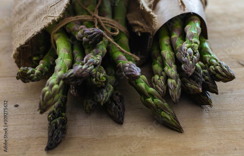 Fresh asparagus on wooden table