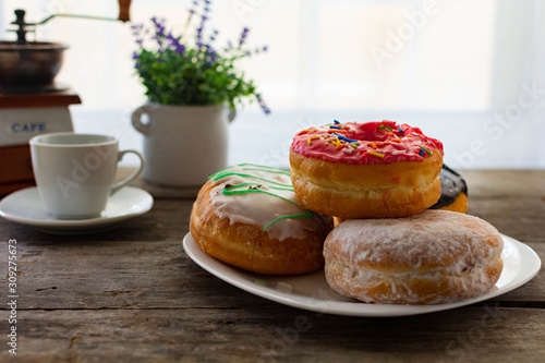 Delicious sweets donuts and coffee 