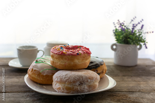 breakfast with coffee and donuts
