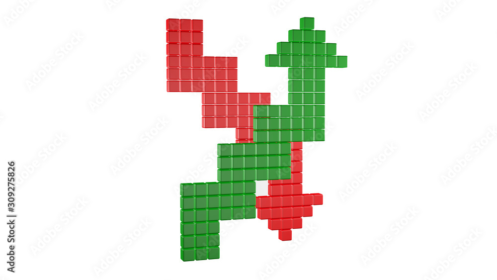 3D rendering green rising arrow and red falling arrow made of cubes with smooth edges 3D rendering green rising arrow and red falling arrow made of cubes with smooth edges