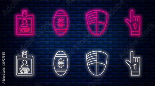 Set line American Football ball, Football club logo template, VIP badge and Number 1 one fan hand glove with finger raised. Glowing neon icon on brick wall. Vector